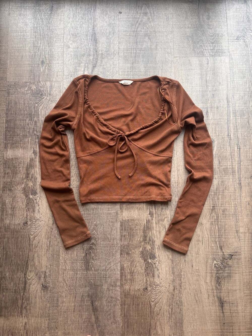 Aero Women's Brown Ribbed Long Sleeve Tie-Front Crop Top